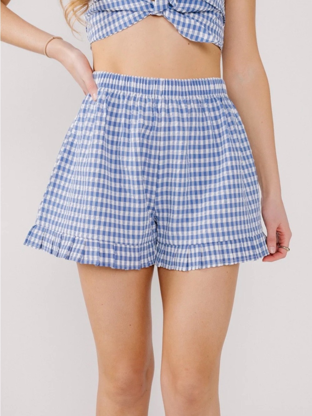 Simons Blue and White Gingham High-Waist Women’s Shorts